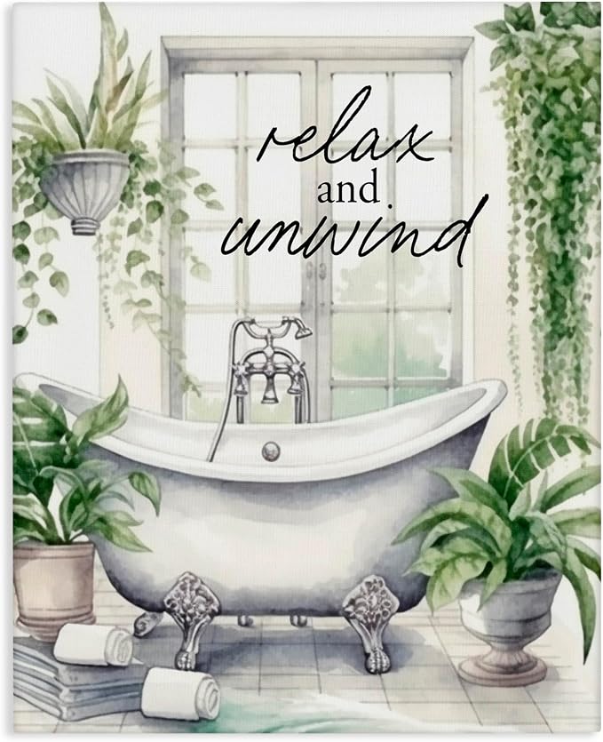 Relax Unwind Bath Foliage Bath, 36 x 48 Inch Canvas Wall Art | Stupell Industries · By Lettered and Lined · Ready to hang · Calm bathroom and bedroom accent · Made in USA