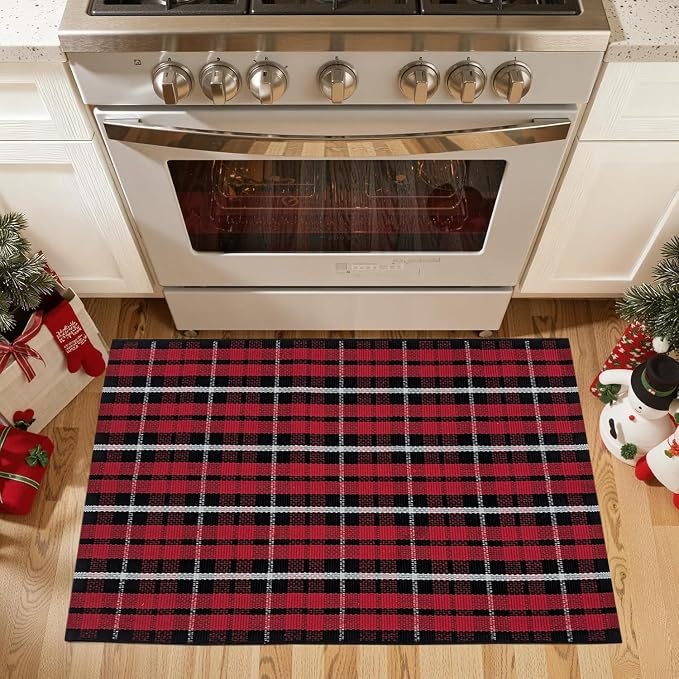 USTIDE Buffalo Plaid Rug 2'x3' Red & White Check Front Doormat Checkered Layering Floor Mat for Hello/Welcome Hand Woven Cotton Rug for Front Door Porch Kitchen