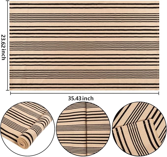 Front Outdoor Door Mat 2'x3',Tan Black Striped Outdoor Rug Machine Washable Cotton Layered Door Mat Entryway Throw Rug for Indoor Entrance