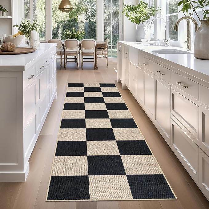 COZYLOOM Checkered Area Rug 2x8 Runner Rug for Hallway Non Slip Stain Resistant Rugs for Kitchen Modern Geometric Non Shedding Low Pile Door Mats for Bathroom, Bedroom, Entryway, Laundry Room, Black