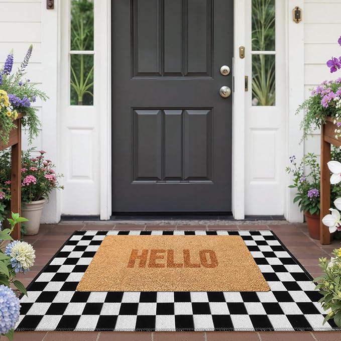 Seavish Checkerboard Rug, 2x3 Ft Black and White Checkered Outdoor Door Rug | Washable Cotton Woven Washable Outdoor Door Rugs, Reversible Floor Mat for Front Door Bedroom Entryway Kitchen