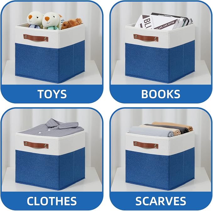 Temary 11 Storage Cube Bins for Shelves, Closet - 4 Pack Fabric Baskets With Leather Handles (White & Blue)