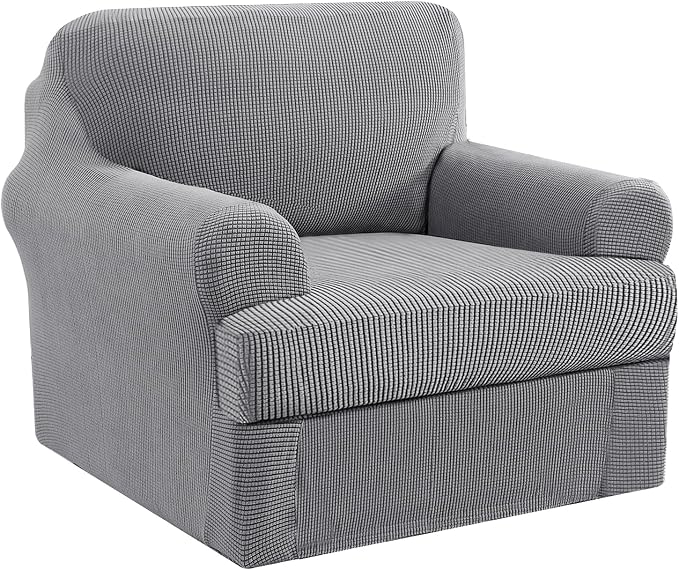 H.VERSAILTEX Stretch 2 Piece Chair Covers for Armchair Chair Covers for Living Room Furniture Cover Suit for T Cushion/Box Cushion, Spandex Jacquard Fabric Small Checks(Armchair-Oversized, Dove)