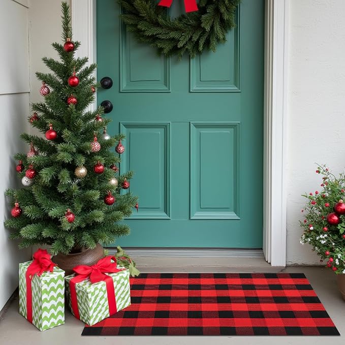 Buffalo Plaid Area Rug, Checkered Rug 3x5 Ft, Black and Red Rug, Washable Cotton Mat for Front Porch, Entryway, Kitchen, Living Room, Christmas Decor