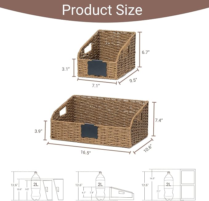 Wicker Baskets for Organizing, Pantry Baskets with Built-in Handles, Handwoven Wicker Storage Basket, Paper Storage Bins for Shelves, Small - 2pcs, Brown