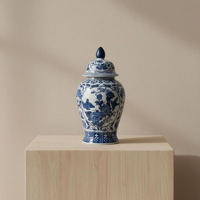 Sagebrook Home Novelty Ceramic Flowers Temple Jars, Vases, Elegant Storage Containers for Home Decor and Kitchen Interior Design, 18.0" H, Blue (16417)