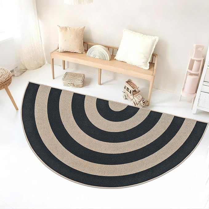 Faux Jute Rug 3x6Ft Half Circle Rainbow Doormat Easy Jute Carpet for Farmhouse Bedroom Kitchen, Non-Slip Half Round Neutral Floor Mat for Living Room Kids Room Indoor Outdoor Decor, Black 2