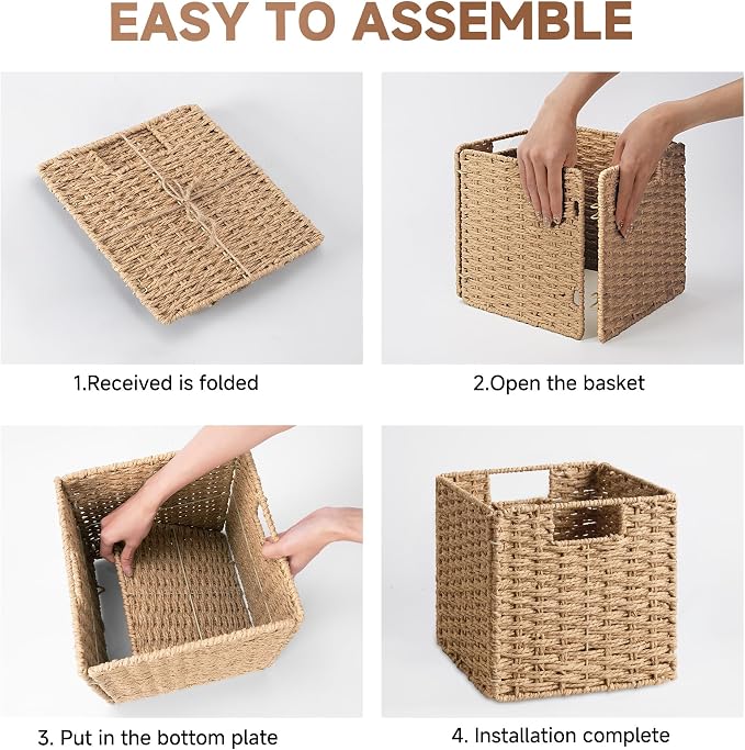 StorageWorks 9 inch Wicker Baskets for Storage,Square Baskets,Natural | 2-Pack,Paper Rope Wicker Storage Cubes,Handwoven Square Cube Organizer Bins,Foldable,Baskets for Organizing,9x9 storage cube