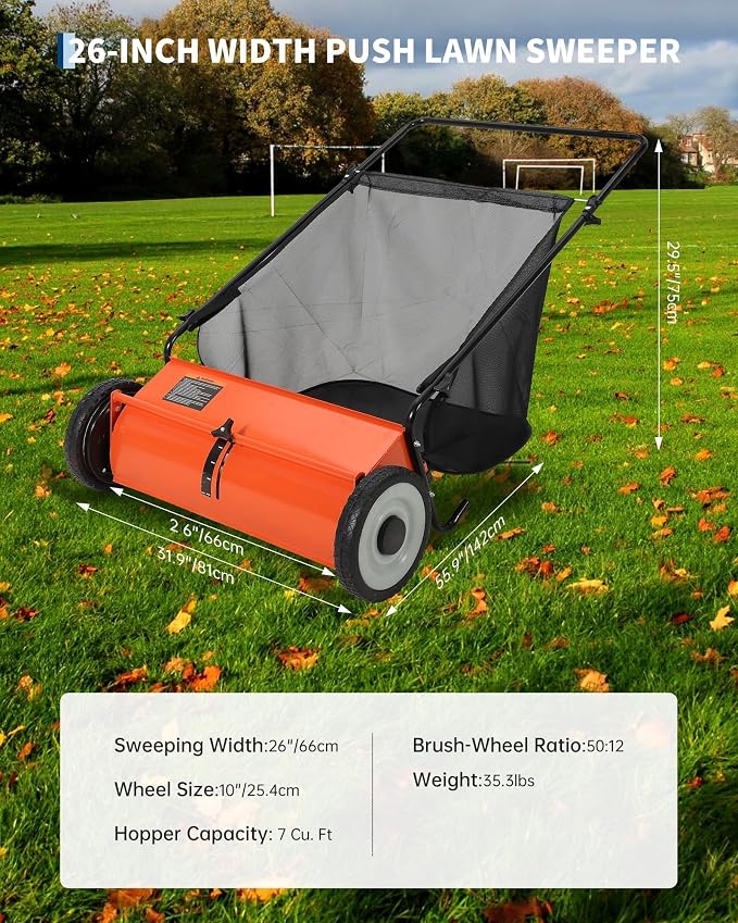 26-Inch Push Lawn Sweeper – 4 Fast Brushes, 7 Cu.ft Collector, Adjustable Height – Durable Steel Frame – Manual Hand-Push for Yard, Garden, Patio & Driveway Cleanup