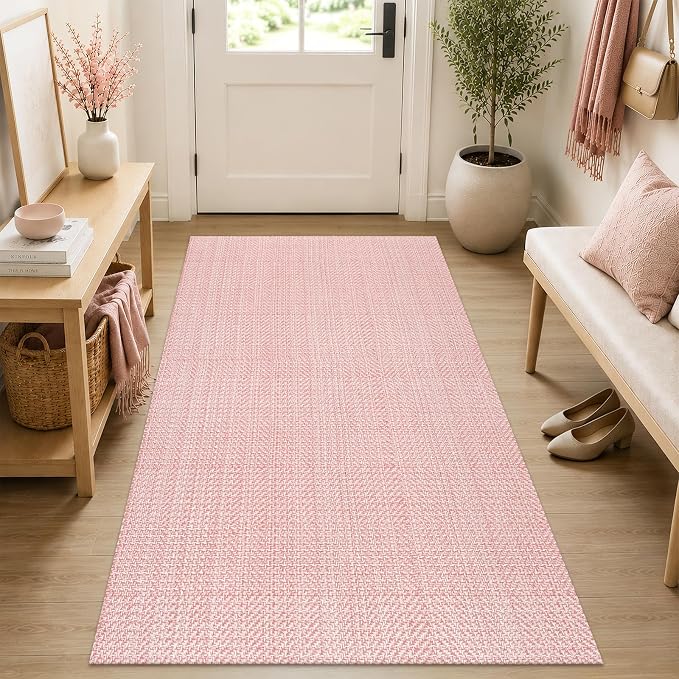 Rugalia Pink Woven Entryway Rug 3x5, Washable Cotton Indoor Outdoor Doormat Low Plie Non-Slip Kitchen Mat, Modern Farmhouse Natural Floor Carpet for Porch Living Room Bedroom Patio