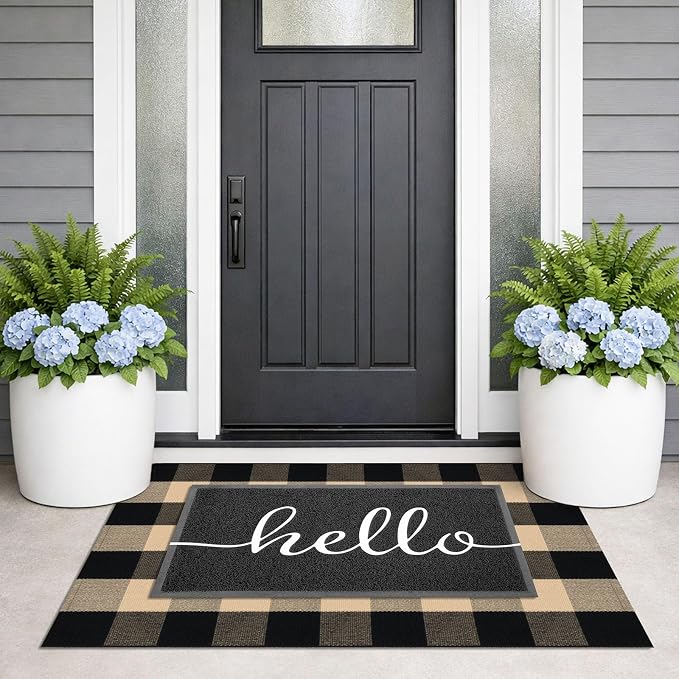 KILOCOCO Buffalo Plaid Checkered Rug 27.5x43 in Brown Black Front Door Rug | Cotton Woven Outdoor Rug, Machine Washable Front Door Mat, Indoor Entryway Rug, Low Pile Welcome Mats for Farmhouse