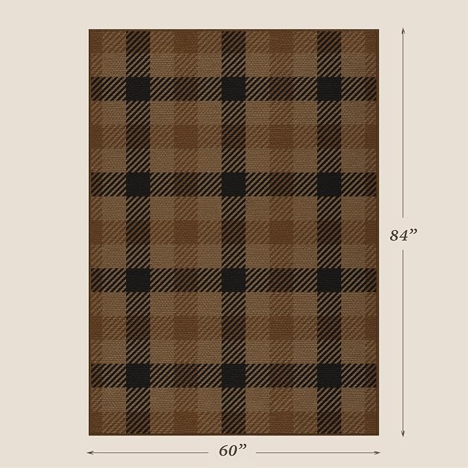 5x7 Farmhouse Mudroom Rug – Washable Non Slip Large Entryway Area Rug for Back Door, Garage Entrance, Durable Indoor Outdoor Style Plaid Rug for Kitchen Dining Room, Black and Tan