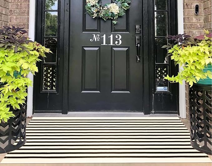Striped Outdoor Rug 24"x51",Black and Beige Front Door Mat Cotton Woven Washable Farmhouse Layered Door Mats Throw Rugs for Porch/Bedroom/Home Entrance Decor