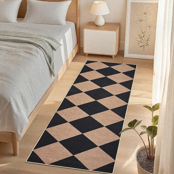 Garvee 2x8 Easy Jute Front Porch Rug, Modern Geometric Runner Rug with Non Slip Backing, Diamond Washable Rugs for Entryway, Stain Resistant Non Shedding Mats for Bedroom, Kitchen, Patio, Black/Brown