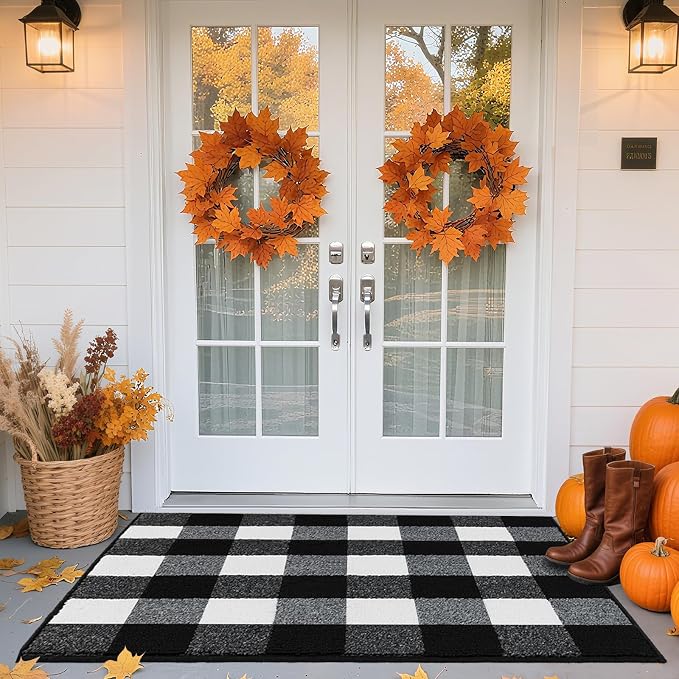 REFETONE Buffalo Plaid Indoor Outdoor Rug 20"x32", Black and White Checkered Front Door Mat with Non-Slip Rubber Back, Washable Low-Profile Entryway Rug for Porch, Kitchen, Layered Doormat Decor