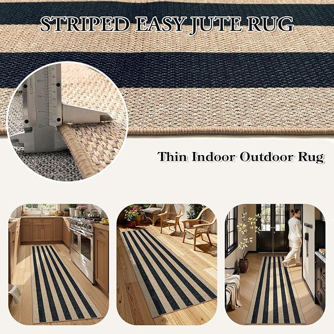 Lahome Striped Easy Jute Kitchen Runner Rug, 2x8 Outdoor Rugs Washable | Non Slip Black Runner for Long Hallway Entryway, Modern Farmhouse Non Shedding 8ft Indoor Carpet for Entry Porch Laundry Room