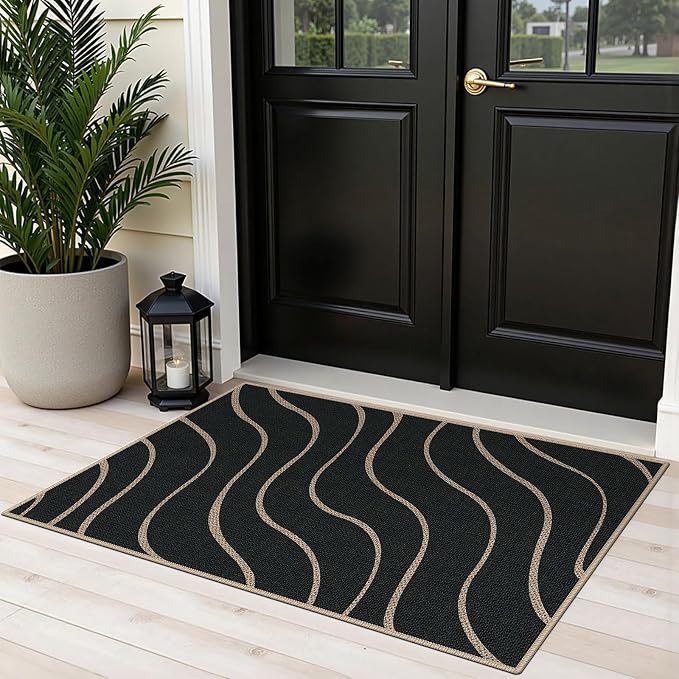 Easy Jute 2x3 Black Wave Area Rug,Washable Entryway Rug, Small Modern Door Carpet,Neutral Non-Slip Outdoor Indoor Farmhouse Rug for Kitchen Patio Entry Porch