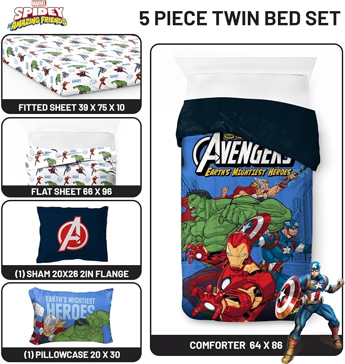 Jay Franco Kids Bed Set, Blue, Avengers, 5 Piece Twin | Cozy Soft Bedding for Stylish Room Décor with Comforter, Sheets & Pillow Covers
