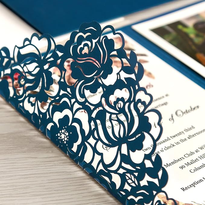 DORIS HOME 50Pcs Personalized Laser Cut Wedding Invitations, Blue | 4.7"x7.1", Customized Anniversary Invitations, With Envelopes