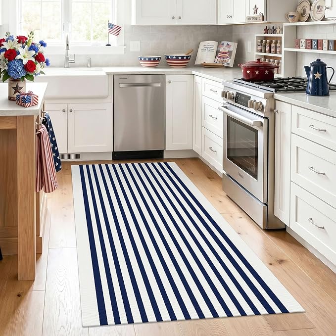KILOCOCO Blue White Striped Rug 3'X5' Front Door Mat Outdoor Washable Rugs | Cotton Layered Doormats, Low Pile Front Porch Rug, Woven Indoor Rug for Kitchen Entryway, Farmhouse Patio Carpet