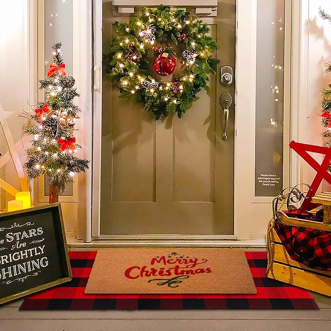 Christmas Red and Black Plaid Rug, 24 x 51 Inches Cotton Hand-Woven Layered Door Mat for Front Porch, Entryway, Outdoor Holiday Decor, Washable Buffalo Check Rug for Home, Patio, Kitchen
