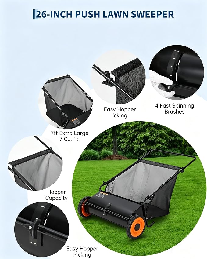 26-Inch Push Lawn Sweeper, 7 Cu. Ft. Hopper Capacity Leaf & Grass Collector | 4 Spinning Brushes, Adjustable Brush Height, Heavy Duty Steel Frame, Manual Yard Sweeper for Leaves & Grass Clippings, Black