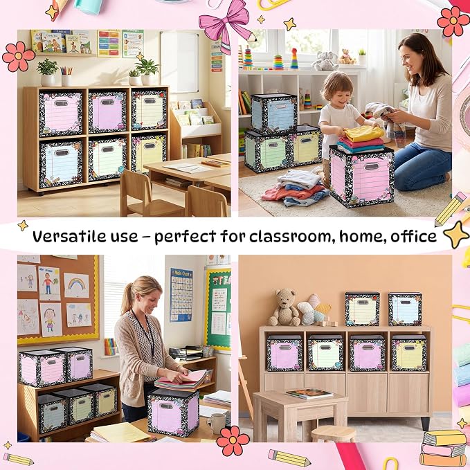 Gerrii 6 Pack 11 Inch Composition Notebook Fabric Classroom Storage Bins Pastel Foldable Cube Storage Bins Organizing Baskets with Handles for Back to School Daycare Elementary Preschool Decor