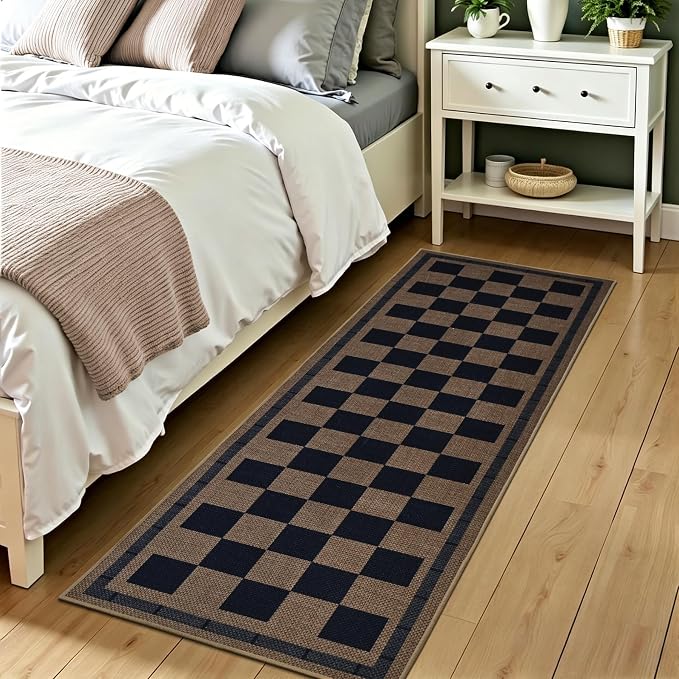 Vasofe 2x6 Jute Checkered Rugs, Outdoor Runner, Runner Carpet for Hallway | Washable PatPorch Balcony Runner Rug Indoor Bedroom Kitchen Laundry Mat, Non Slip Plaid Farmhouse Carpets, Navy and Brown