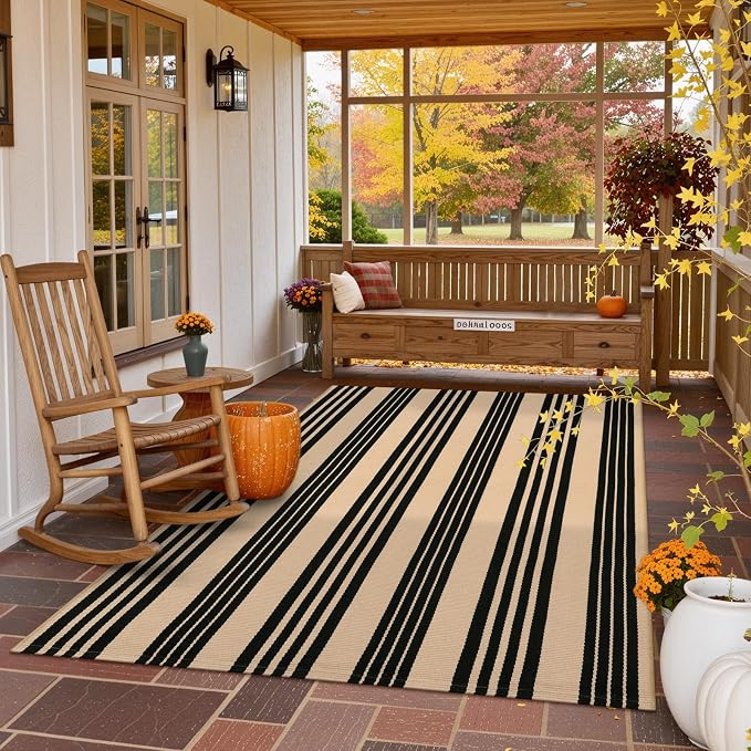 KIMODE Indoor Outdoor Rug 5'x7', Black and Khaki Striped Outdoor Rug,Reversible Washable Large Patio Rugs, Cotton Hand Woven Farmhouse Indoor Area Rug Floor Carpet for Backyard Living Room