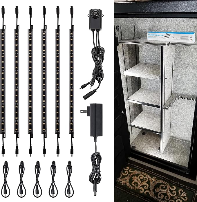 TORCHSTAR 6pcs 12 Inch LED Safe Lighting Kit, Motion Sensor, 5000K | UL Power Adapter, Input 100-240V, Linkable Gun Safe Light Bars, 900LM, for Under Cabinet Locker Closet Showcase, Daylight