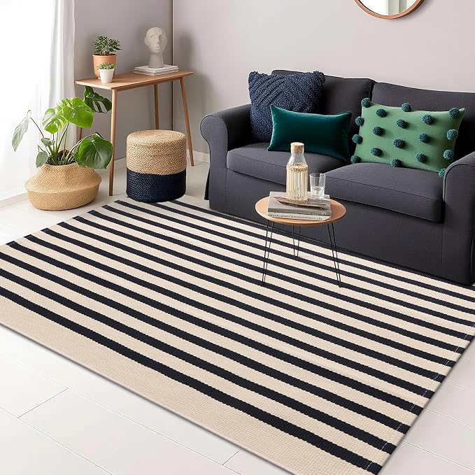 OLANLY Beige and Black Striped Rug 4' x 6' – Washable Cotton Doormat for Indoor Outdoor Use, Layered Front Porch Rug for Entryway, Kitchen, Patio