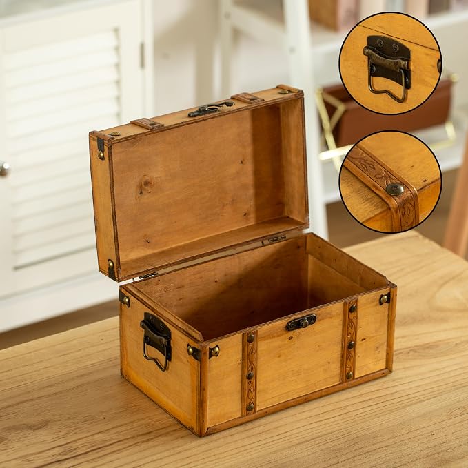 Vintiquewise Farmhouse Antique-Style Wood Treasure Chest with Leather Straps & Front Latch Decorative Storage Trunk for Trinkets Jewelry or Letters Rustic Accent for Home or Office Decor, Large