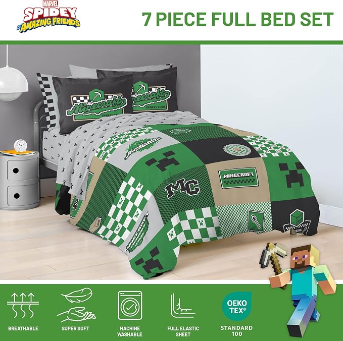 Minecraft Creeper Full Size Comforter Set 7 Piece Kids Bedding, Multi | Zombie Enderman, Comforter Sheets Shams Pillowcases, Official Product, Soft Microfiber, Machine Washable, Boys Gift