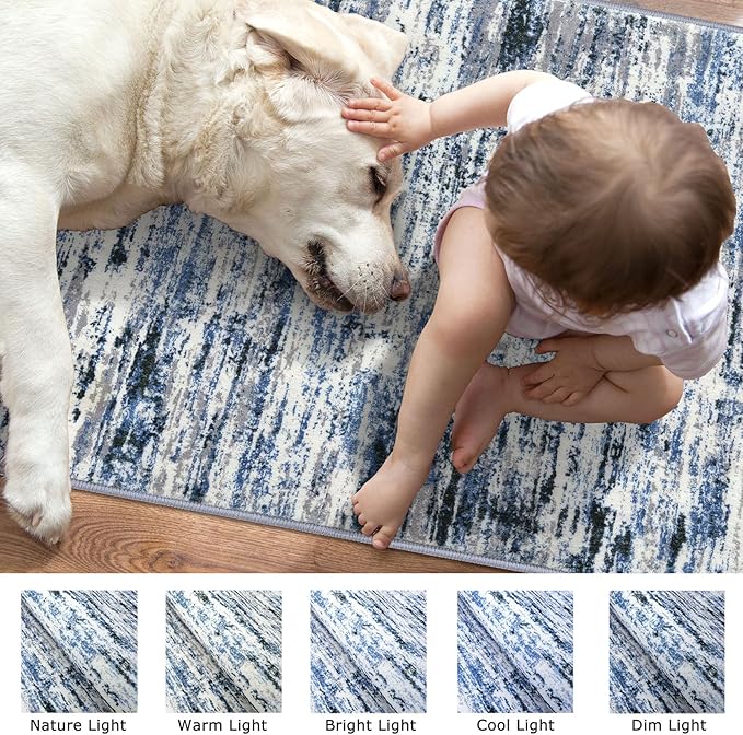Lansny Modern Abstract Runner Rug 2x6, Grey Blue White Washable Kitchen Runner Non-Slip Soft Hallway Rug Runner Thin Print Faux Wool Carpet for Entryway Bedroom Laundry Room Indoor Home Decor