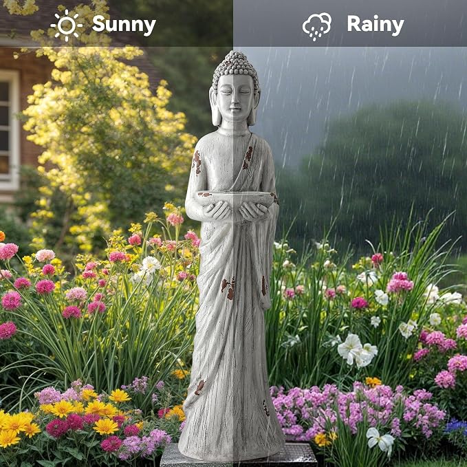 Extra-Large Buddha Statue Outdoor, 42 in Asian Decor with Birdfeeder | Zen Garden Sculpture for Indoor, Patio, Yard or Porch, Durable Weatherproof Magnesium Oxide Stone