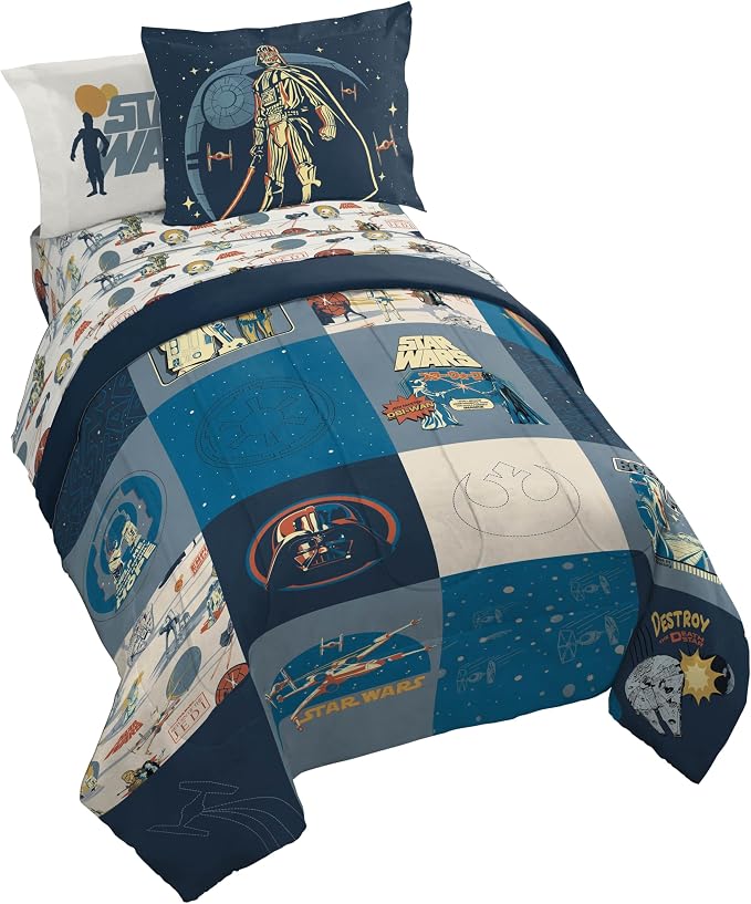 Jay Franco Star Wars Full Comforter Set 7 Piece Soft Bedding for Boys, Blue | Darth Vader Yoda, Bed in a Bag, Comforter Sheets Shams Pillowcases, Official Product, Microfiber, Machine Washable, Boys Gift