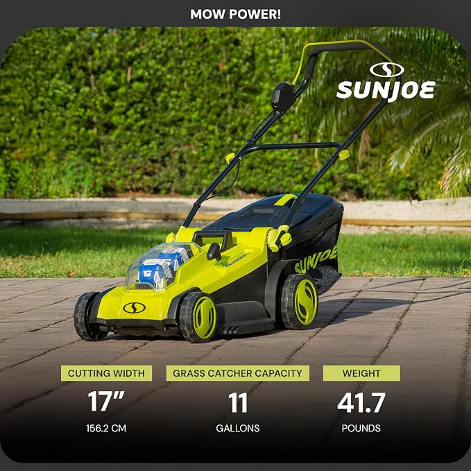 Sun Joe Cordless Electric Push Lawn Mower with 6-Position Height Adjustment, 11-Gal Bag, 17-Inch Cutting Width - Heavy-Duty Yard Trimmer for Gardening Care and Maintenance, 24V-X2-17LM | 670W Brushless, 17 Deck, 6-Position Height, 11-Gal Catcher, Inclu...