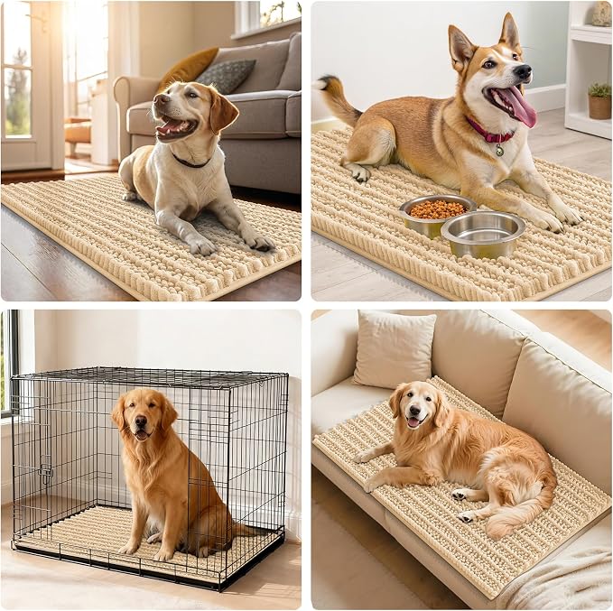 Smiry Dog Door Mat for Muddy Paws 30x20, Absorbent Dirt Trapper, Non-Slip Washable Chenille Entryway Rug for Inside Floor, Beige, Layered Pattern