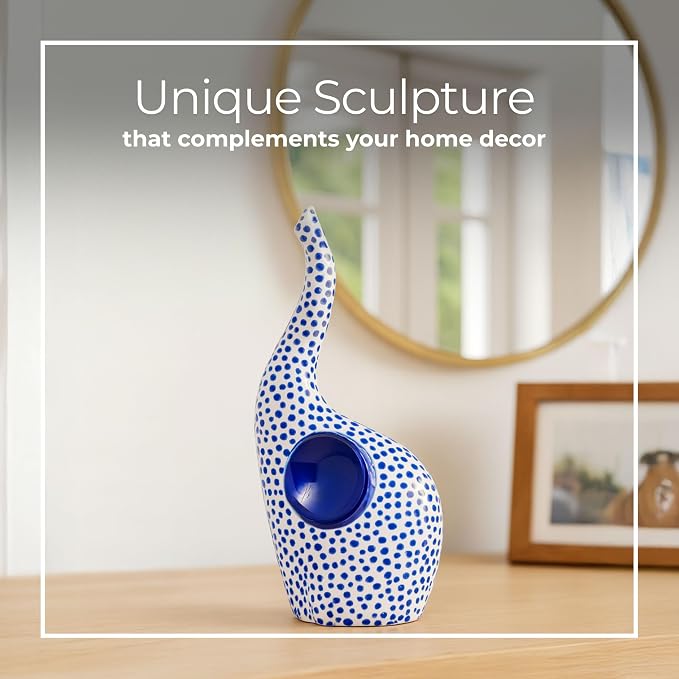 Ceramic Elephant Figurine Sculpture – Artful Accent for Room Decor and Display, Shelf, Desk, Or Entry Table Styling, Boho Home Decor Polka Dot Design with Raised Trunk – 11", Blue and White Finish