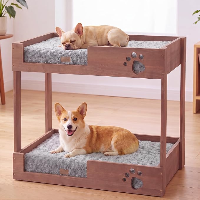 BALAPET Wooden Bunk Dog Bed with 2 Memory Foam Beds | Modern Pet Furniture, Waterproof Liners, Washable Covers, 31.1 x 20.9 x 29.9 in, Bedside Window Perch, For Medium Dogs & Cats