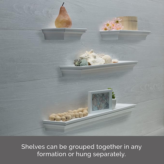 MELANNCO Floating Wall Shelves Set of 4, White Wood Display Shelves for Wall, Includes 6, 12, 20 and 24 Inch Sizes with Raised Edges and Mounting Hardware for Room Decor, Home Decor