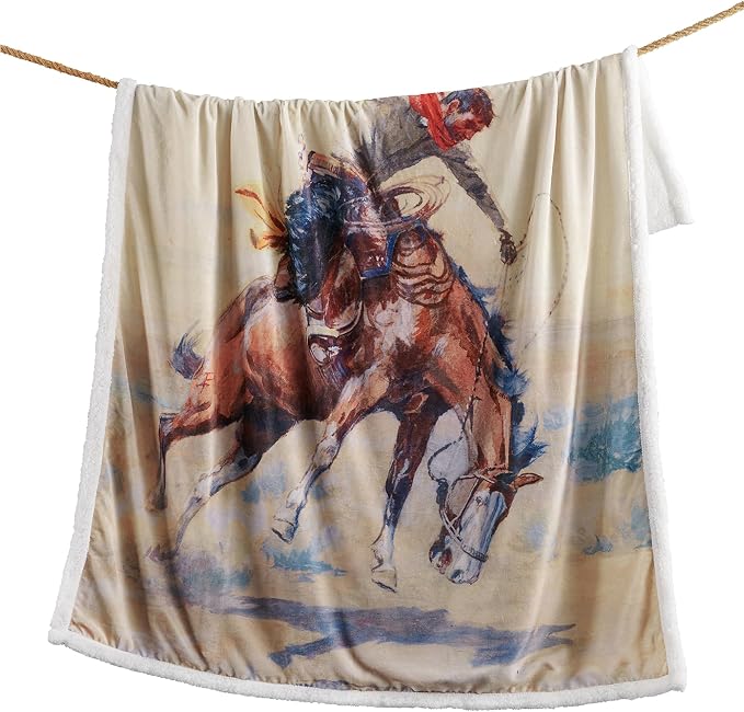 Paseo Road Indigo Hill by HiEnd Accents Buster 54x68 Cream Throw Blanket | Cowboy Horse Print, Rustic Southwestern Rodeo-Style Western Sherpa Fleece Blanket for Camping Outdoors