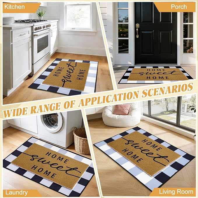 Home Sweet Home Welcome Doormat Set, 2 Pack Layering Entry Rugs with Coir Loop Printed Mat and Buffalo Plaid Crystal Velvet Under Rug Home Sweet Front Door Doormat for Farmhouse Entryway Decor