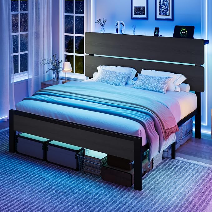SHA CERLIN Queen Size Bed Frame, Led Light, Charging Station, Storage Shelf | Wooden Headboard, Heavy Duty Slats Support, Metal Platform Bed, Under Bed Storage, No Box Spring Needed, Noise Free, Black