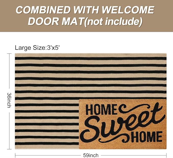 LEEVAN 3'X5' Black and Tan Striped Woven Cotton Reversible Outdoor Rug | Small Machine Washable Front Porch Rug, Entryway Door Mat, Indoor Layering Carpet for Farmhouse Bathroom Laundry