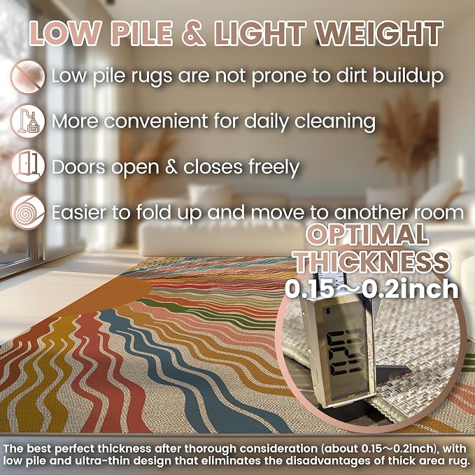 Washable Sun Easy Jute Rug, 5x7 Rainbow Sun Modern Boho Retro Outdoor Indoor Patio Large Area Rugs, Woven Ultra Thin Non Slip Carpet Mat for Living Dining Room Bedroom Classroom Kids Nursery Play Room