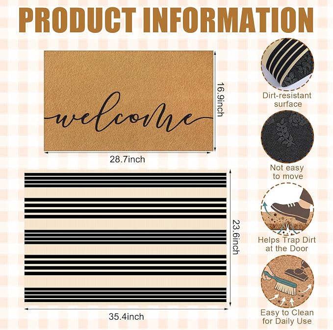 Tinideya 2 Pcs Door Mat Welcome Home Non Slip Coir Mats Floor Layering Black and White Stripes Doormats Seasonal for Front Porch Entryway Decor(23.6 x 35.4 Inches,Western Striped,Brown Black)