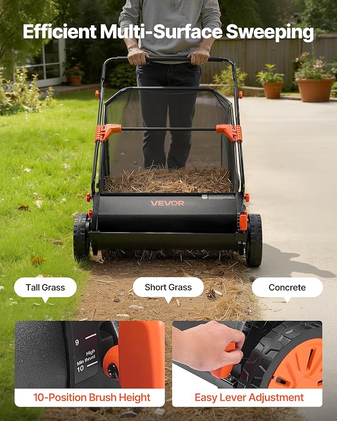 VEVOR Push Lawn Sweeper 30 in Leaf & Grass Collector 12 cu. ft. Hopper Bag | Heavy Duty Yard Sweeper with Adjustable Brush Height, Spinning Brushes, Rubber Wheels for Leaves Grass Cleanup, Black/Orange