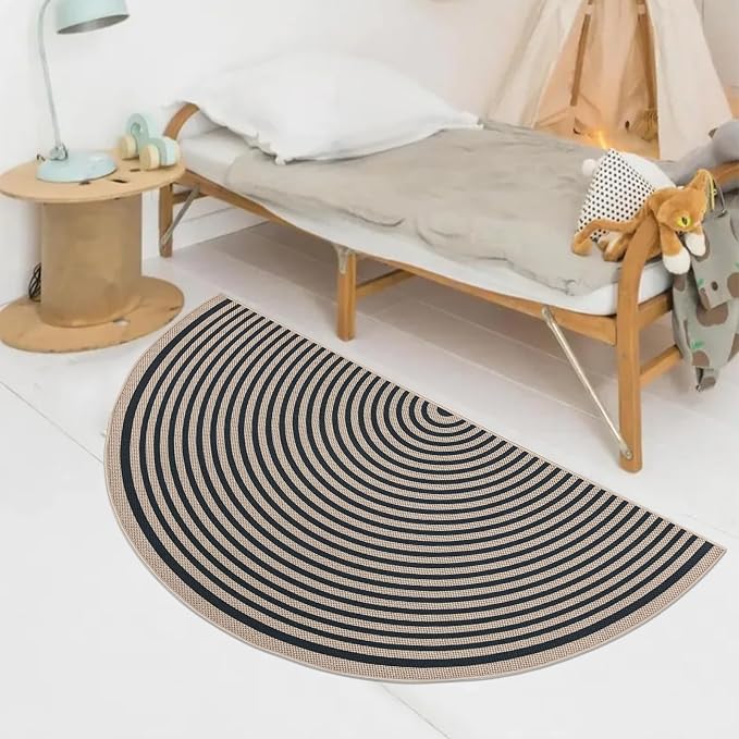 Easy Jute Rainbow Rug 2.6x5Ft Half Circle Doormat Neutral Faux Jute Carpet for Farmhouse Bedroom Entrance Balcony, Nonslip Half Round Floor Mat for Living Room Patio Kitchen, Outdoor, Black 3