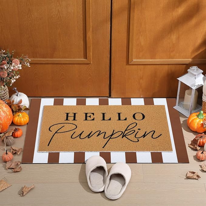 Tinideya 2 Pcs Fall Layered Doormats, Hello Pumpkin Welcome Mats | Front Porch Entryway Decor, Layering Doormats Seasonal, Non Slip